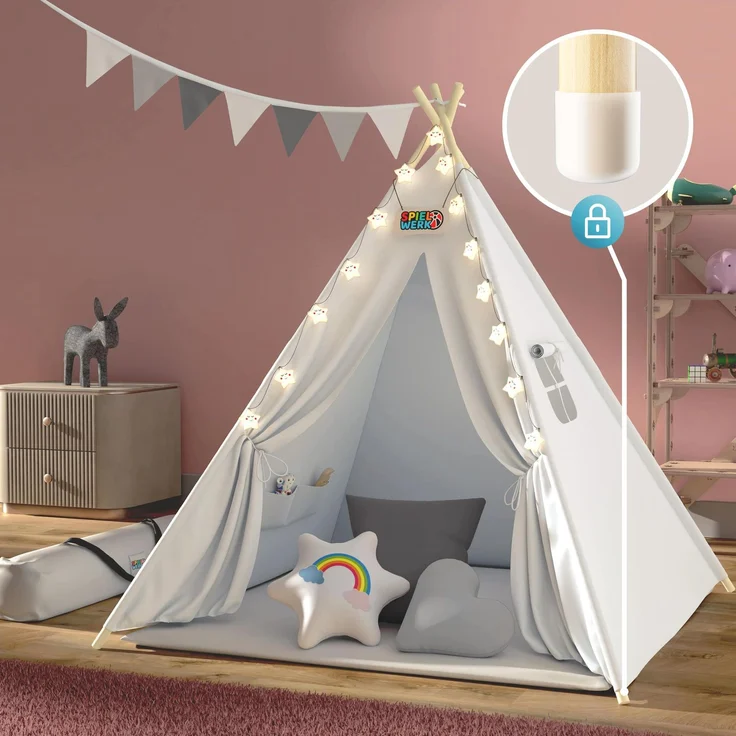 Spielwerk Kindertipi mit Lichterkette, Bodenmatte & Kissen, Baumwolle weiß, 120 x 120 x 160 cm – Bild 3