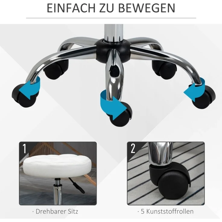 Rollhocker Höhenverstellbarer Drehbarer Arbeitshocker für Büro & Salon, Kunstleder Weiß Ø35,5 x 51-67 cm--Weiß--35.5x35.5x67cm--YOUDENOVA – Bild 4