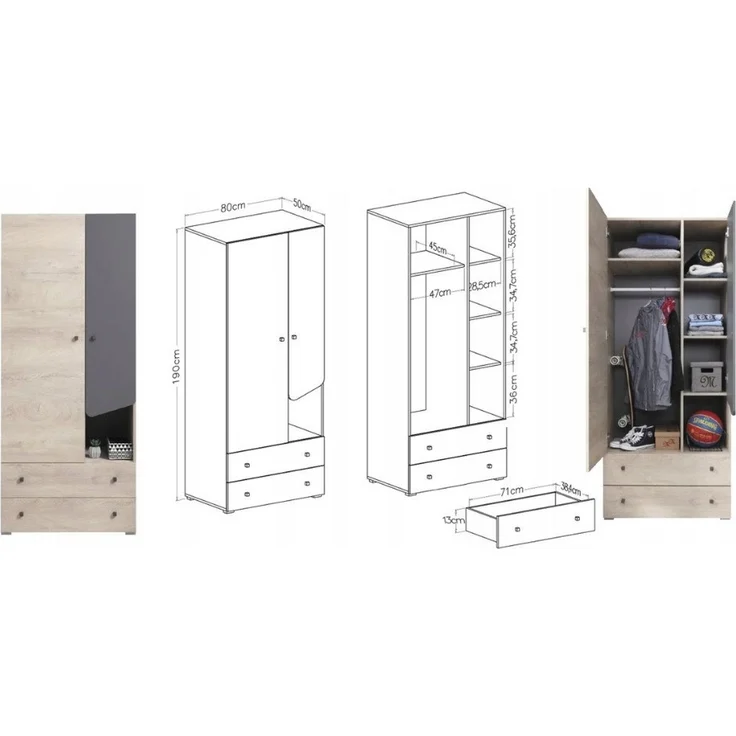 Deine Möbel 24 Jugendzimmer-Set DARLA I Kinderzimmer-Set Komplett PREMIUM, (3 + 12 + 9 +10, 4-tlg, Natur Eiche Grau), Kleiderschrank 2-türig Kommode Sideboard Schreibtisch Hängeregal – Bild 2