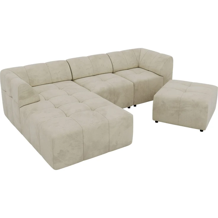 Modernes Wohnzimmer Sofa mit Hocker VORITA 4M L Freistehendes Ecksofa, L-Couch, Gepolstertes Sofa, Wellenfedern, Wohnlandschaft - Beige Velvet - Links – Bild 6