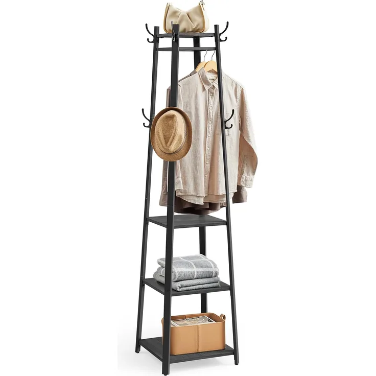 VASAGLE Garderobenständer, Kleiderständer, Garderobe mit 8 Doppelhaken, 4 Ablagen, Kleiderstange, mit Metallrahmen, für Schals, Jacken, Taschen, für Flur, anthrazitgrau-tintenschwarz LCR080B03