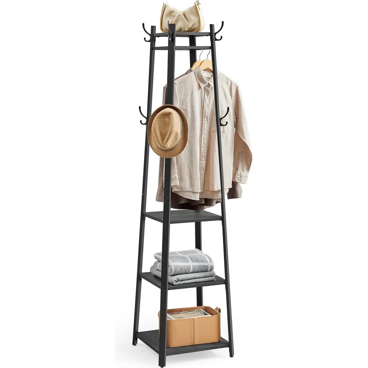 VASAGLE Garderobenständer, Kleiderständer, Garderobe mit 8 Doppelhaken, 4 Ablagen, Kleiderstange, mit Metallrahmen, für Schals, Jacken, Taschen, für Flur, anthrazitgrau-tintenschwarz LCR080B03