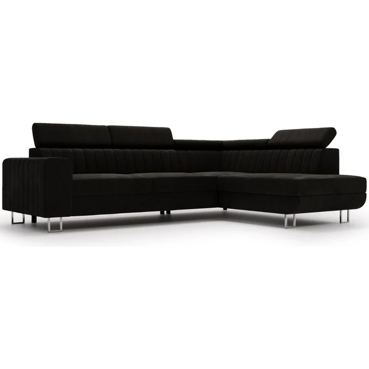 GRAINGOLD Ecksofa Berona, Couch L-Form mit Schlaffunktion, Bettkasten, Verstellbare Kopfstützen, Velour-Stoff, Schwarz, Rechts – Bild 2