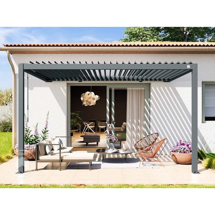 PRIMEYARD Terrassenüberdachung 3x4 m Aluminium-Pfosten mit Lamellendach aus Stahl anthrazitfarbene Anbau-Pergola – Bild 2