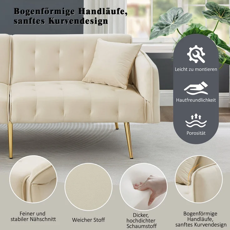 Sofabett 2-in-1 Samt,Zweisitzer mit verstellbarer Rückenlehne & Armlehnen, zum Gästebet,Beige – Bild 8