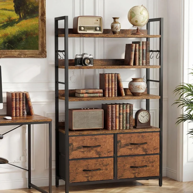 YITAHOME Industrie-Bücherregal, 4-stöckiges Bücherregal mit verstellbaren Einlegeböden und 4 Stoffschubladen, freistehendes Präsentationsregal mit Metallrahmen für Wohnzimmer, Rustikales Braun – Bild 1