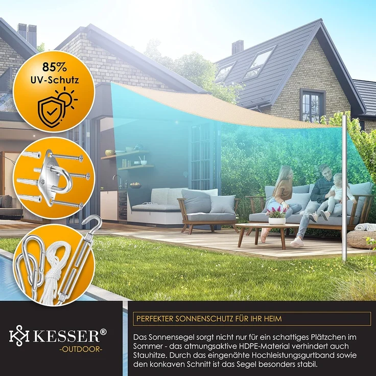 KESSER® Sonnensegel Sonnenschutz Windschutz Inkl. Befestigungsmaterial mit Ösen| HDPE Gewebe | wasserabweisend & windabweisend | Dreieck 2.5 x 2.5 x 3.5 m | Schattenspender Garten Balkon Terrasse – Bild 4