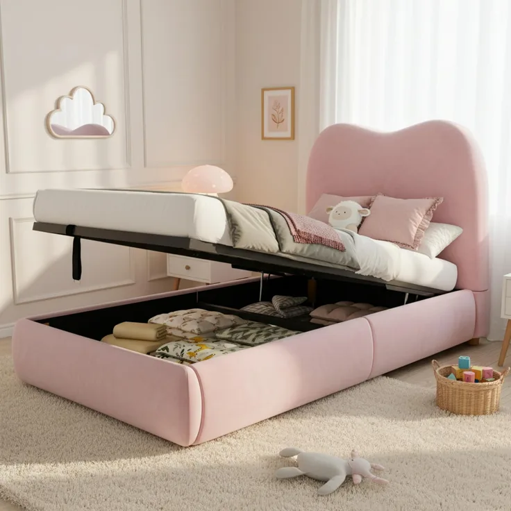 Polsterbett Einzelbett Kinderbett, hydraulisches Funktionsbett mit Lattenrost Kopfteil großem Stauraum, Samt, Rosa, 90 x 200 cm