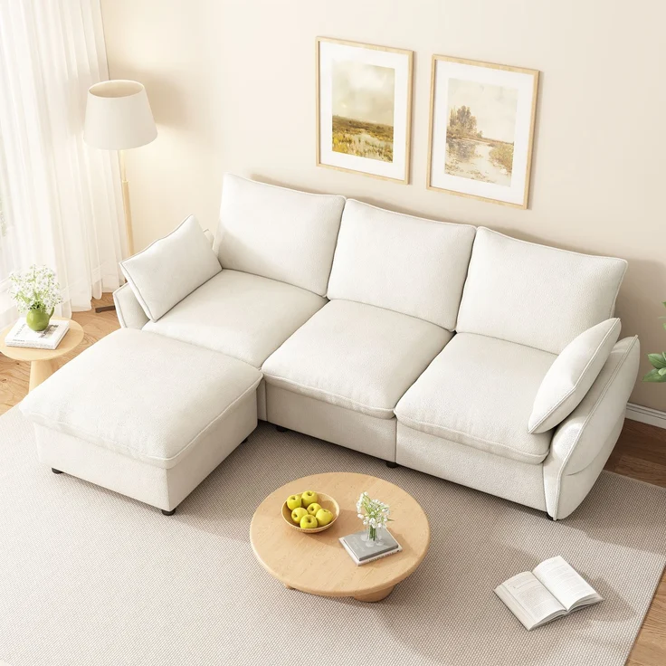 Merax 222cm Ecksofa mit Ottomane (inkl. 1 Hocker), 3-Sitzer Sofa aus Chenille, Beige – Bild 2