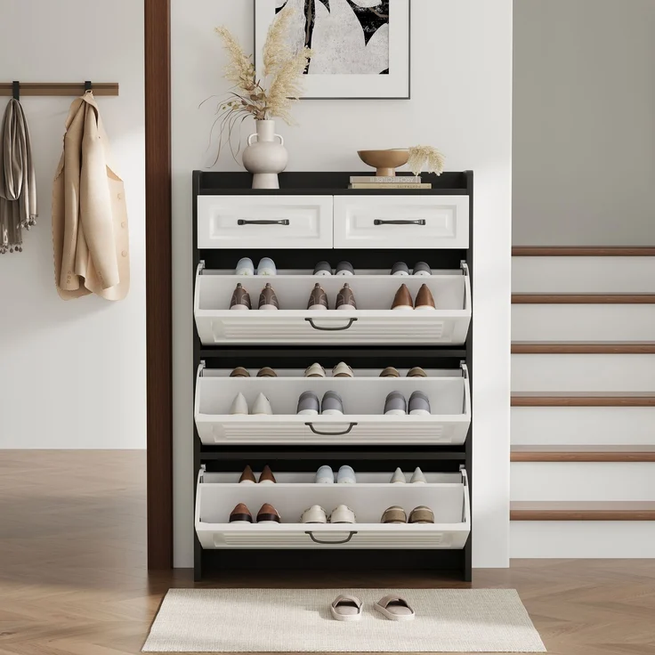 Merax Schuhkommode mit drehbarem Schuhschrank, bestehend aus drei großen Klappen und zwei Schubladen, Holzschuhschrank, Schuhregal – Bild 2