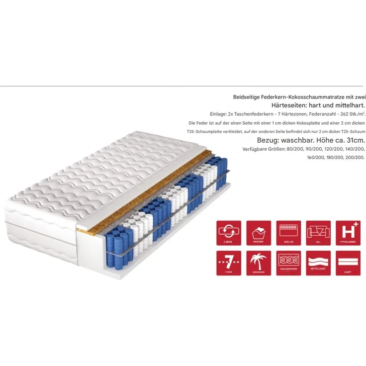 Matratze Taschenfederkern 7 Zonen KING DELUX H3-H4 80x200x30 cm – Bild 2