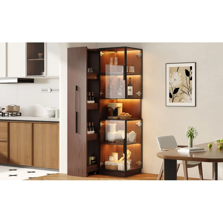 ZUBALIYA Vitrinenschrank 70×38×160 cm mit Ausziehregal – Doppelglas-Standvitrine LED, MDF-Schrank Walnuss, Glasvitrine & Aufbewahrung, multifunktionaler Hochschrank für Wohnzimmer, Esszimmer, Küche – Bild 16