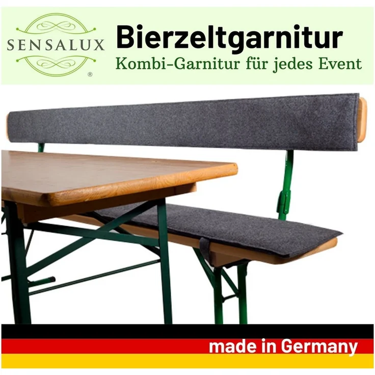 Sensalux Bankauflage Rückenlehnen-Polster für Bierzeltgarnitur, (120cm x 15cm, 2er Pack, 2 St, Grau - Grau (Filz), Schnelles einfaches Anbringen, Flexibel einsetzbar, Klettverschluss – Bild 2