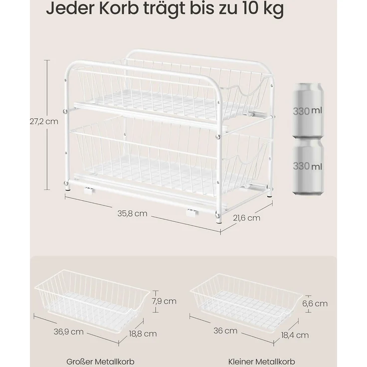 Küchen-Organizer, Küchenregal, Ordnungssystem, 2 Ebenen, stapelbar, erweiterbar, mit Metallkörben, für Küche, Badezimmer, weiß – Bild 5