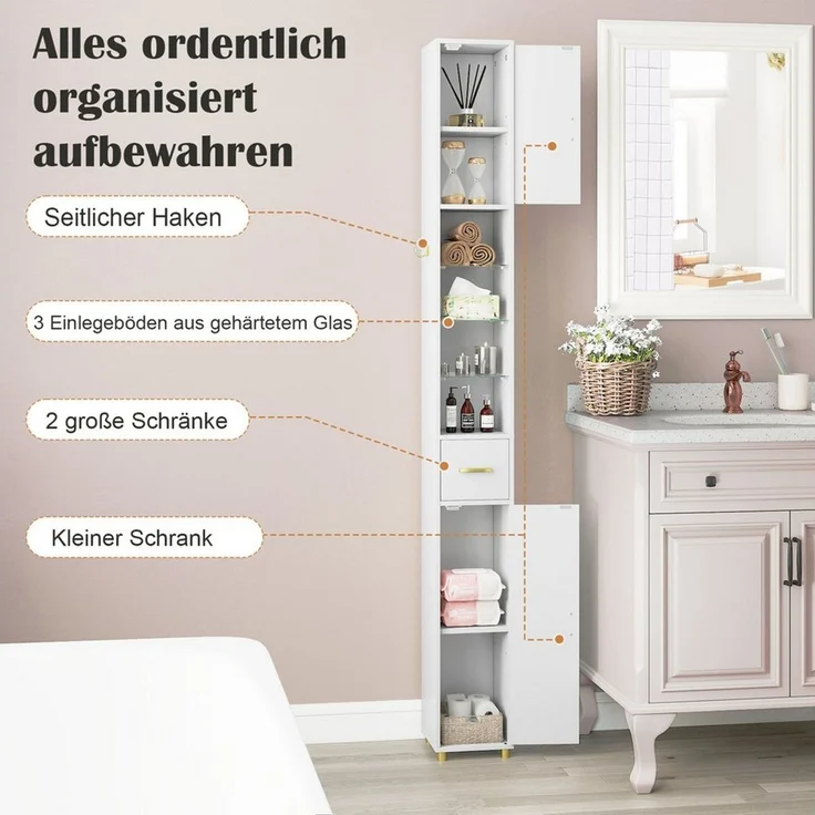 COSTWAY Badkommode, Hochschrank Bad mit Beleuchtung schmal 20x20x181cm – Bild 4