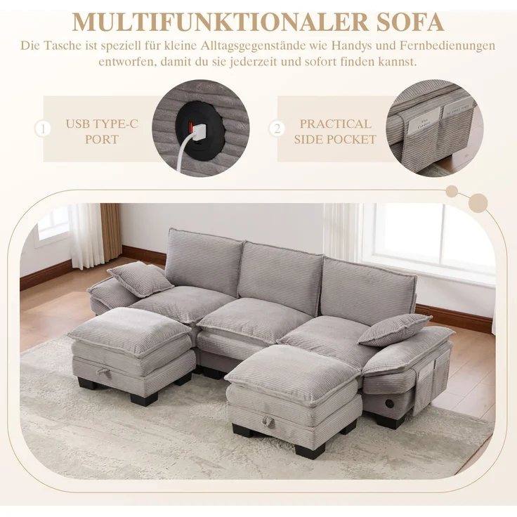 DESVIAE Sofa 3-Sitzer mit 2 Hockern, USB-C-Anschluss, Cord 260x84x132 cm Hellgrau – Bild 4