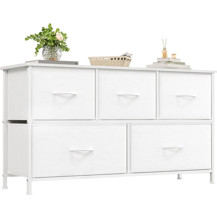 Somdot Kommode mit 5 Stoffschubladen, Schlafzimmer, Weiß | Komodenschrank, Stoffkommode, Großer Stauraum, Metrallrahmen, Holzwerkstoffoberplatte,Wohnzimmer, Flur, 30T x 100B x 55H