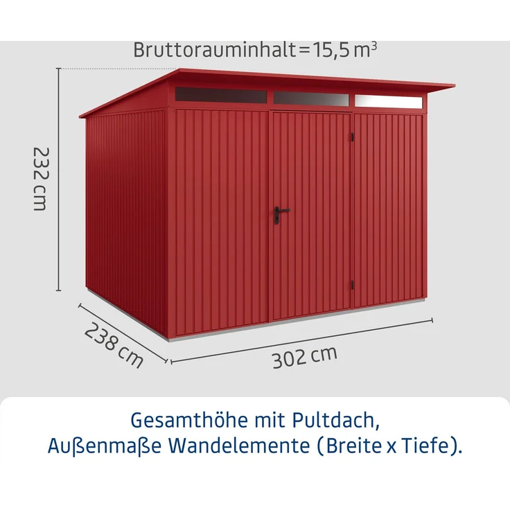 Hörmann Ecostar Metall-Gerätehaus Trend mit Pultdach Typ 3, 238x303 cm , purpurrot, 7,2 m²,1-flüglige Tür – Bild 3