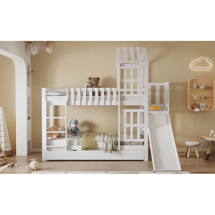 Merax Etagenbett , Kinderbett mit Rutsche, Dach & Fenster, Schublade mit Rollen, Kiefer MDF Weiß, 90x200cm – Bild 8