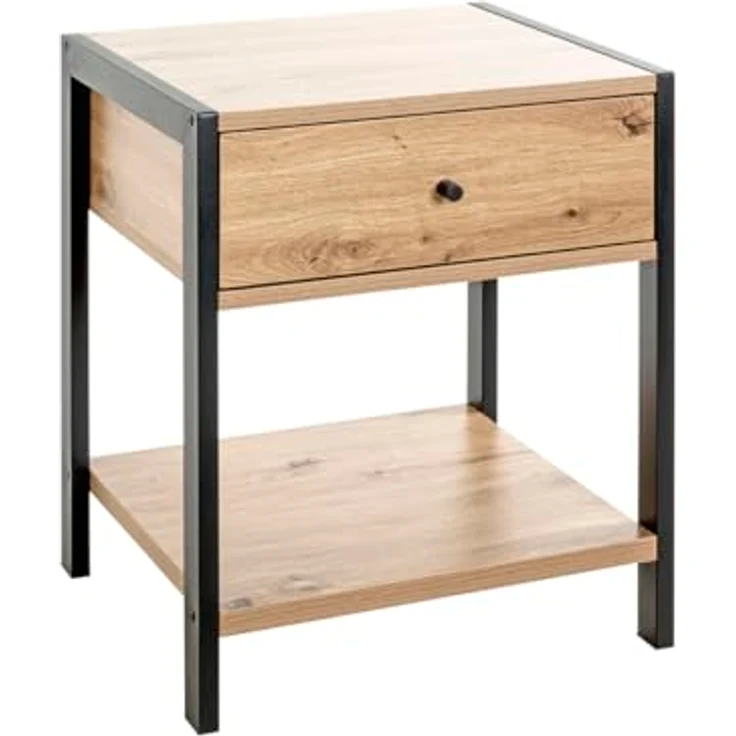 XXXL Beistelltisch, Schwarz, Eiche, Metall, quadratisch, 1 Schublade, 43x60x48 cm, ideal für Wohnzimmer – Bild 1