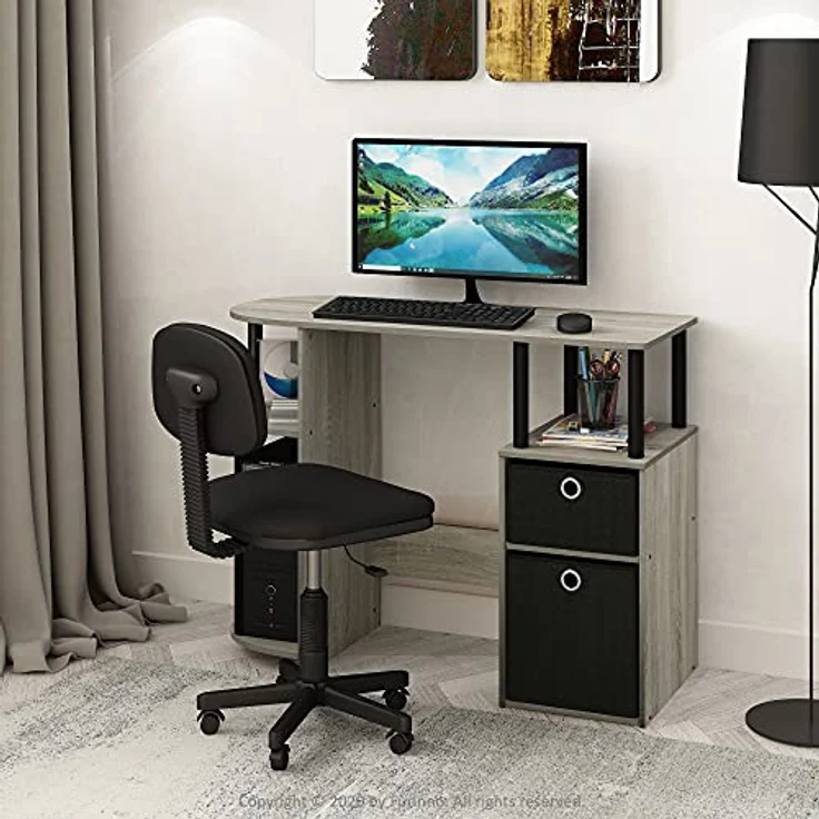 Furinno JAYA Simplistisch Computer-Schreibtisch mit Schubladen, Französische Eiche/Schwarz/Schwarz – Bild 3