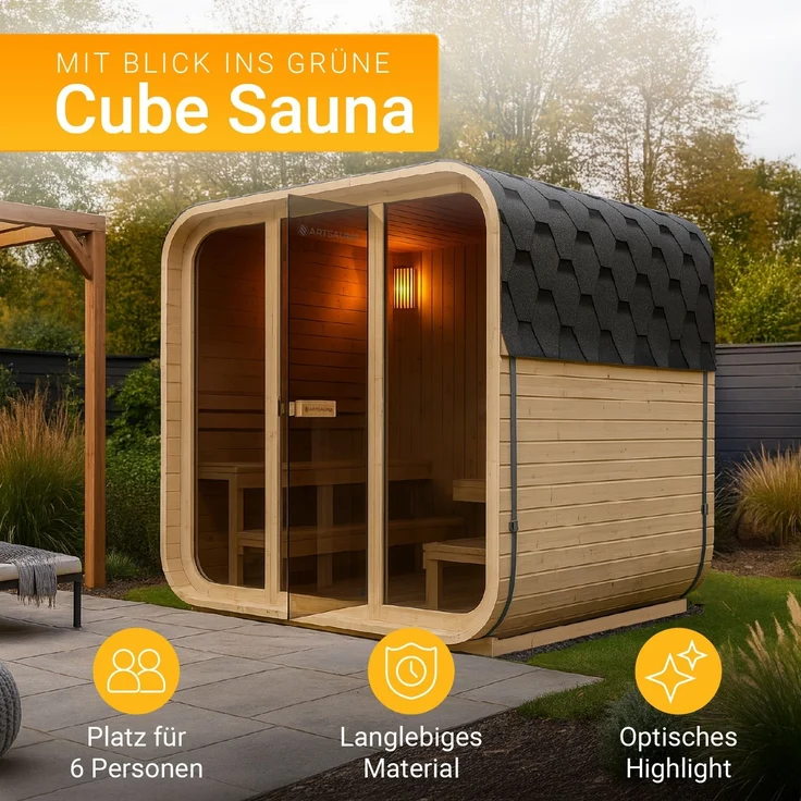 Artsauna Cube Fasssauna Fjora, Gartensauna für 6 Personen aus Fichte, 9 kW Saunaofen, LED-Beleuchtung, Zubehörset mit Sanduhr & Thermometer – Bild 2