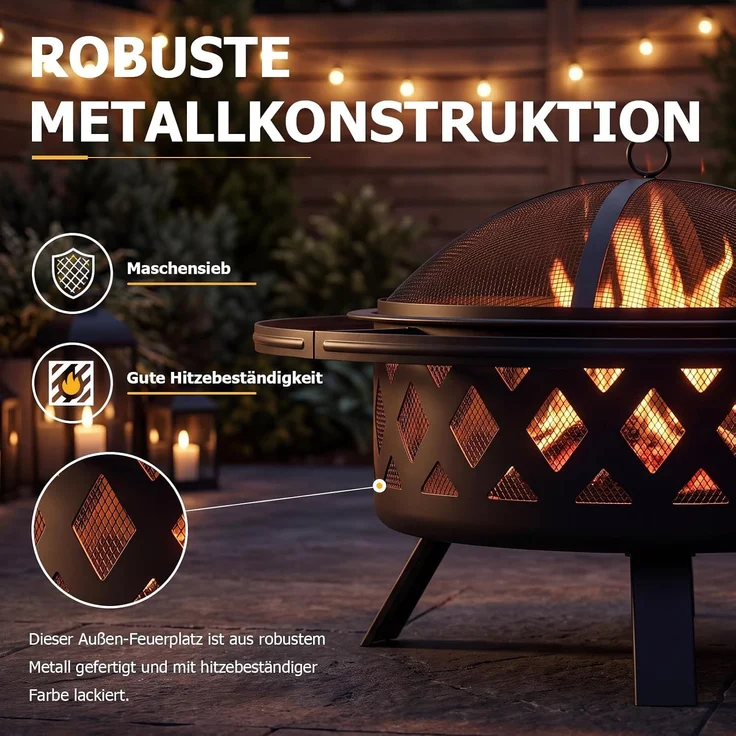Aoxun Feuerschale mit Grillrost und Funkenschutz, 2-in-1 Feuerstelle für Garten & Terrasse, 360° Schwenkgrill mit Höhenverstellung, 77x77x53,5cm, Outdoor Feuerkorb zum Grillen und Heizen,Schwarz – Bild 6