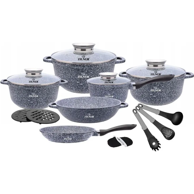 Zilner Topf-Set Schöne graue Töpfe, Topfset Bratpfanne, Kasserolle, Steinbeschichtung, Aluminiumguss (sehr hochwertig, 17-tlg, Zeitloses Design des Topfsets. Eine ideale Geschenkidee)