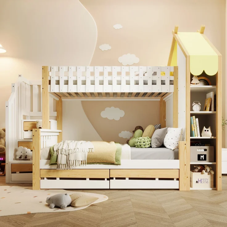 Etagenbett 90x200 cm + 140x200 cm mit Hausdach-Design, Sicherheitsgeländer, Stauraumleiter, offenen Fächern & 2 Schubladen – Bild 2