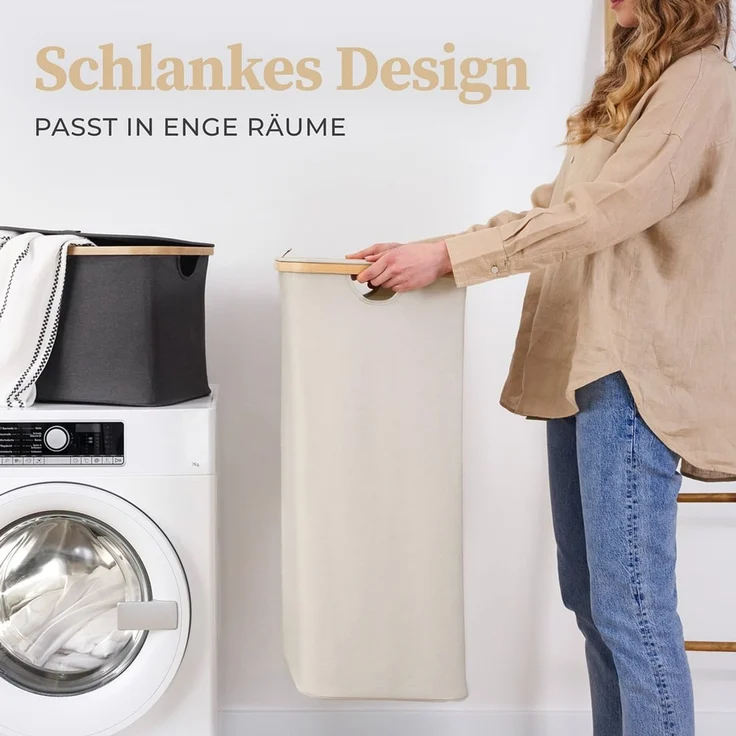 HENNEZ Wäschekorb mit Griff aus Bambus, 100 l – Wäschekorb mit Deckel, Dunkelgrau – Bild 5