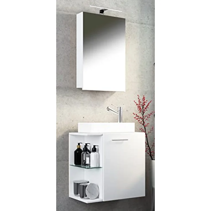 VCM Waschplatz "Hausa", Badmöbelset 3-tlg. für Gäste WC, mit Spiegelschrank, Keramik-Waschbecken, inkl. Glasfächern, Weiß – Bild 3