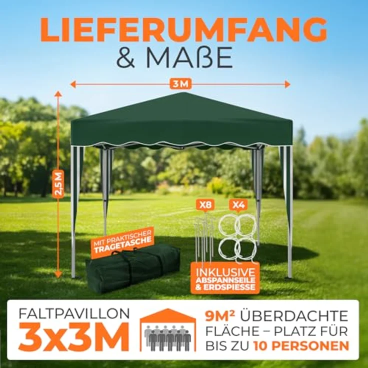 Faltpavillon 3x3 m - wasserdicht - ohne Seitenteile, grün – Bild 3