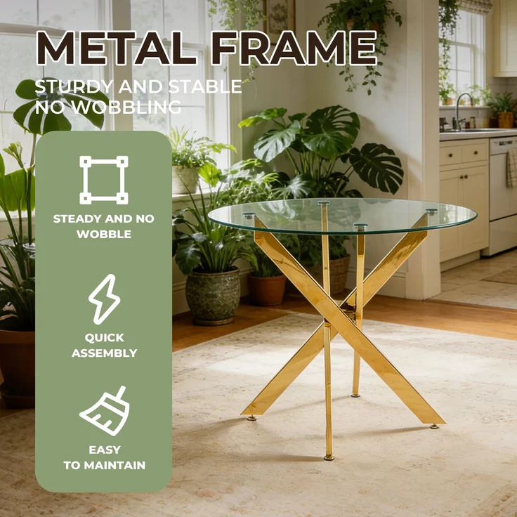 JARDJ Esstisch mit gekreuzten Metallbeinen und Tischplatte aus gehärtetem Glas, moderner, platzsparender Küchentisch für das Wohnzimmer, verchromte Beine, runder Tisch, goldene Beine, 80 x 80 x 75 cm – Bild 3