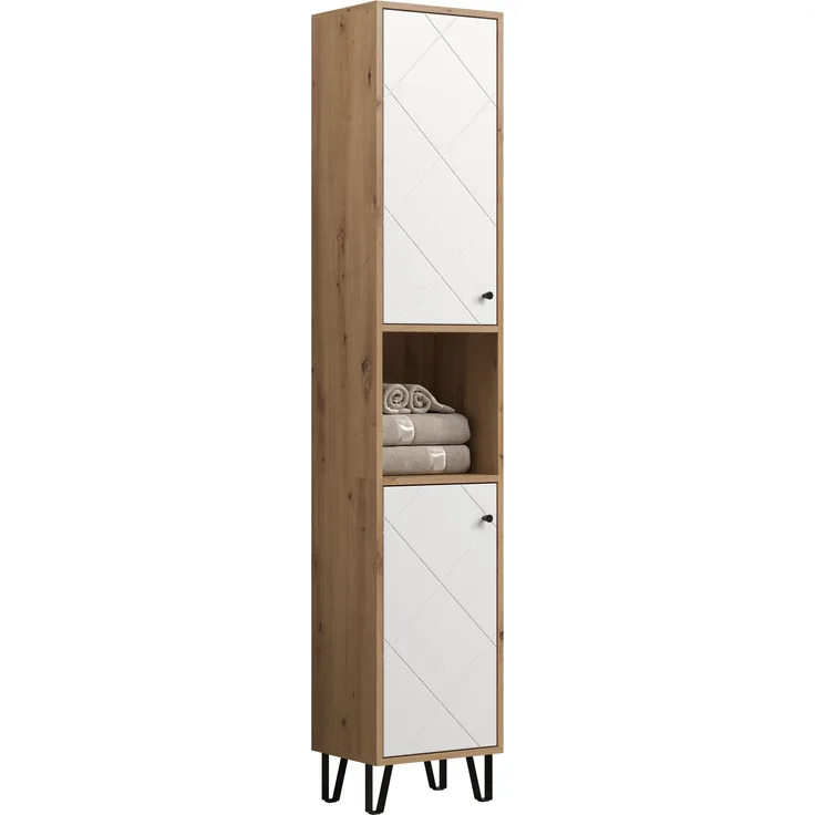 Badezimmer Hochschrank Touch in weiß matt Lack und Eiche 36 x 191 cm