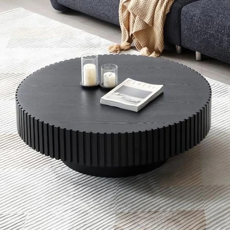 NJLyuhome Black Round Coffee Table with Grooved Edge, Solid Wood Detail, Modern Side Table for Living Room – Bild 2