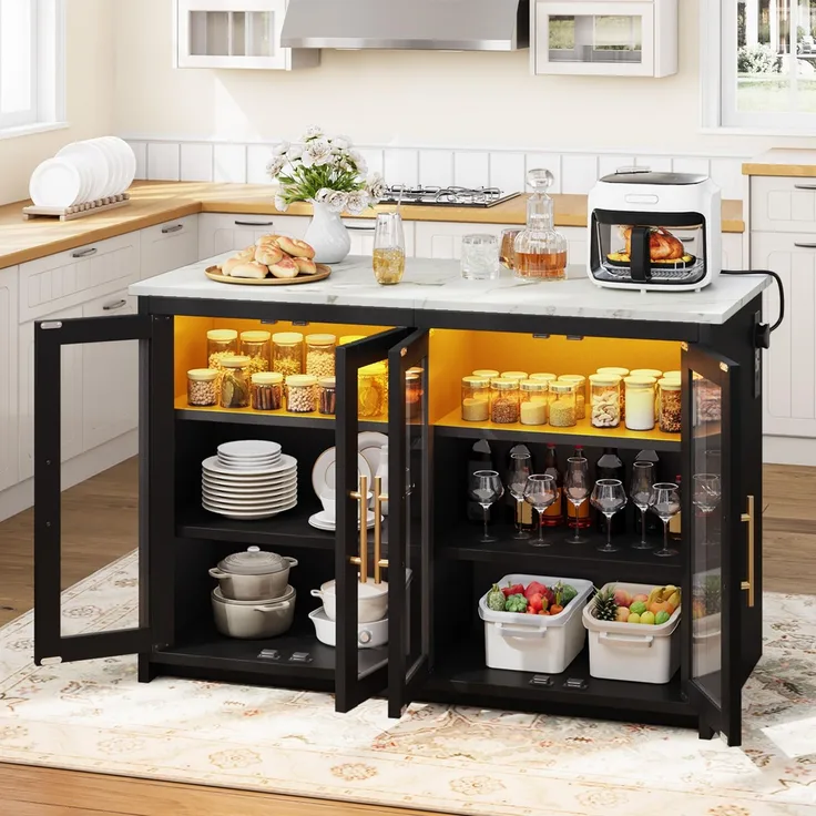 YITAHOME kücheninsel mit arbeitsplatte, Steckdose und LED-Beleuchtung, Frühstückstisch mit Sitzgelegenheit, Doppelschrank mit Acryl-Fronten, dreistufiger Verstellbarer Schrank, Marmoroptik