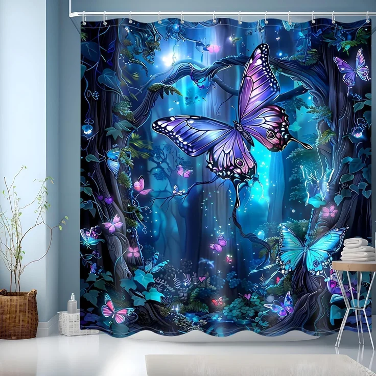 Duschvorhang Blau 180x200 Bunt Motiv Wasserdicht Trocknend 12 Ringe – Bild 1