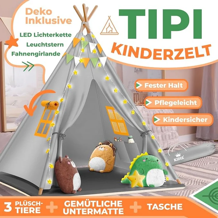 KIDIZ® Tipi Zelt für Kinder Spielzelt 100 x 100 x 160 cm Kinderzelt aus Baumwolle mit LED-Lichterkette, Leuchtstern, Fahnengirlande, 3 Plüschtiere, Untermatte & Tragetasche Spielhaus für drinnen & draußen Grau – Bild 2