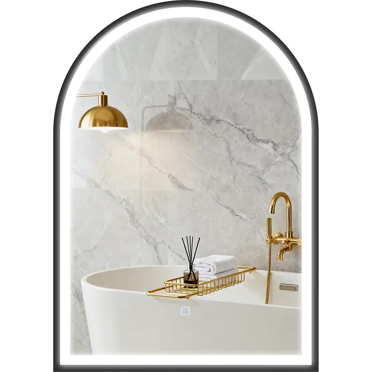 Badezimmerspiegel mit Beleuchtung 50 x 70 cm, gewölbter LED-Spiegel, beschlagfrei, 3 Lichtfarben, dimmbar, Speicherfunktion, schwarz