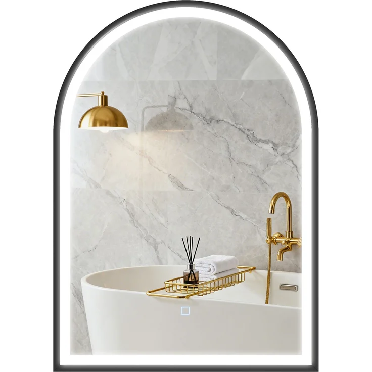 Badezimmerspiegel mit Beleuchtung 50 x 70 cm, gewölbter LED-Spiegel, beschlagfrei, 3 Lichtfarben, dimmbar, Speicherfunktion, schwarz – Bild 1