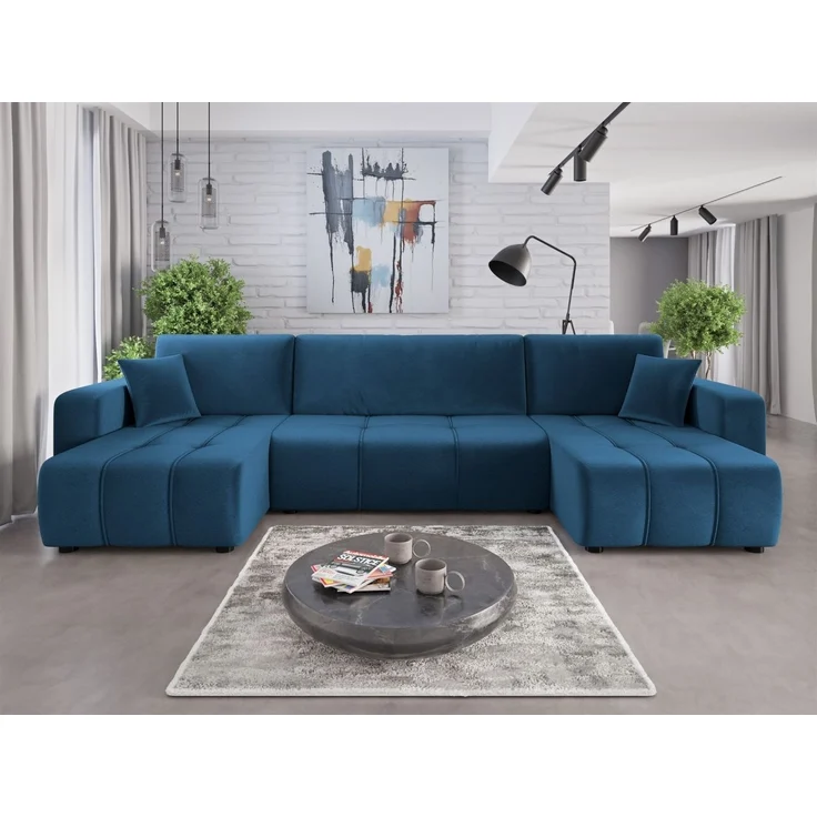 Wohnlandschaft mit Schlaffunktion DAGNY Sofa U-Form in Stoff Kronos Blau – Bild 1