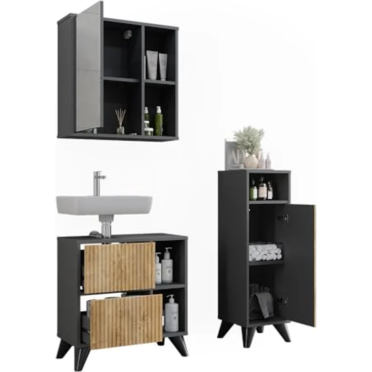 Vichy Badmöbel-Set Leano, 3-teilig, mit Waschbeckenunterschrank und Spiegelschrank, Anthrazit/Bergeiche – Bild 7