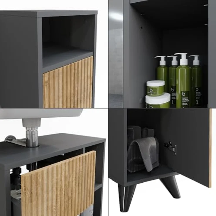 Vichy Badmöbel-Set Leano, 3-teilig, mit Waschbeckenunterschrank und Spiegelschrank, Anthrazit/Bergeiche – Bild 6