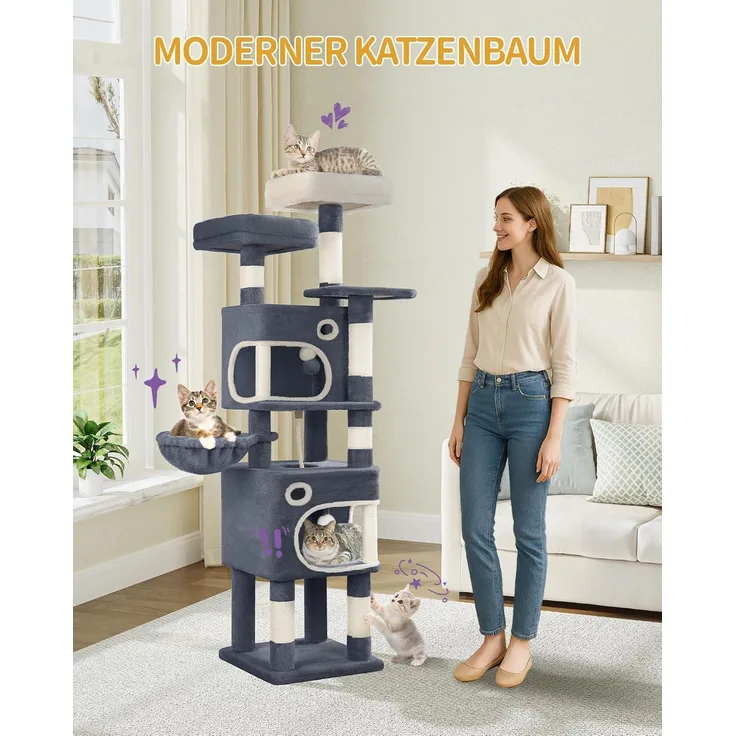 Kratzbaum, 159 cm Katzenbaum mit 8 Kratzsäulen, 3 Plattformen, 2 Höhlen, Korb, Plüschbälle, Sisalseil, Geeignet für Katzen Verschiedener Größen, Dunkelgrau