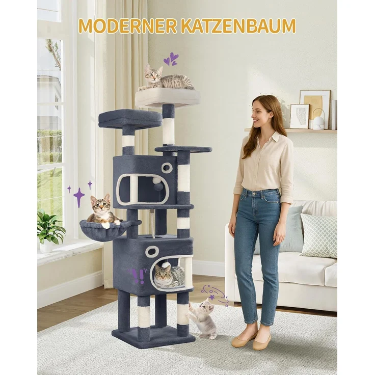 Kratzbaum, 159 cm Katzenbaum mit 8 Kratzsäulen, 3 Plattformen, 2 Höhlen, Korb, Plüschbälle, Sisalseil, Geeignet für Katzen Verschiedener Größen, Dunkelgrau – Bild 1
