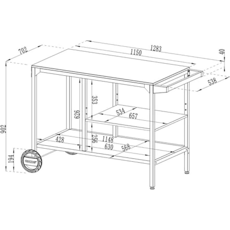 cozze BBQ Station & Outdoor Küche – Großer Grilltisch für Pizzaofen, Verstellbarer Regalboden (3 Höhen), 2 Räder, Stahl Schwarz, bis 100 kg - 90x115x60 cm – Bild 4