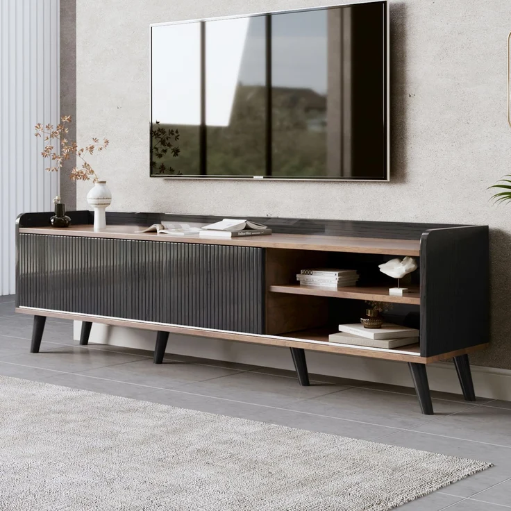 TV-Ständer 160 cm Schwarz & Holz, Sideboard mit gestreiften Schiebetüren, zwei Schubladen, Massivholzbeine – Bild 6