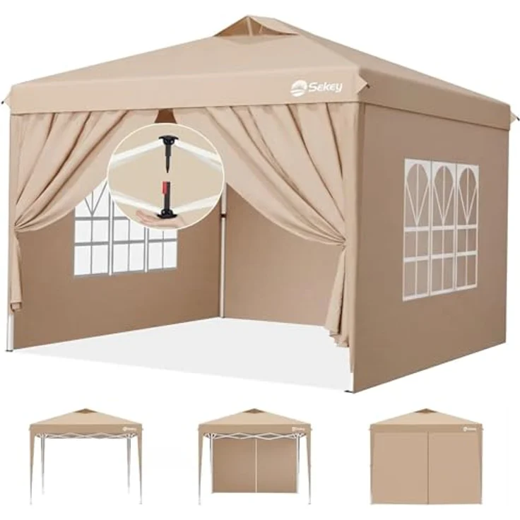 Sekey Pop Up Pavillon Wasserdicht Stabil Winterfest mit Seitenwänden, Faltpavillon 3 x 3 m, Camping Pavillion Faltbar Partyzelt mit Belüftung, Designer Serie 3x3, (Beige, 3x3 Mit Seitenwänden) – Bild 1
