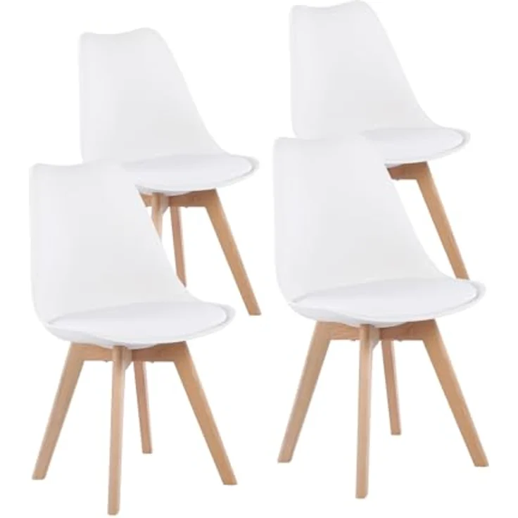 EGGREE 4er Set Esszimmerstühle mit Massivholz Buche Bein, Retro Design Gepolsterter Stuhl Küchenstuhl Holz, Weiß – Bild 2