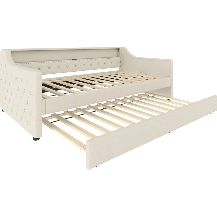 Polsterbett 90×200 cm aus Leinen-Stoff mit LED-Beleuchtung, USB-Anschluss und Ausziehbett, beige – Bild 6